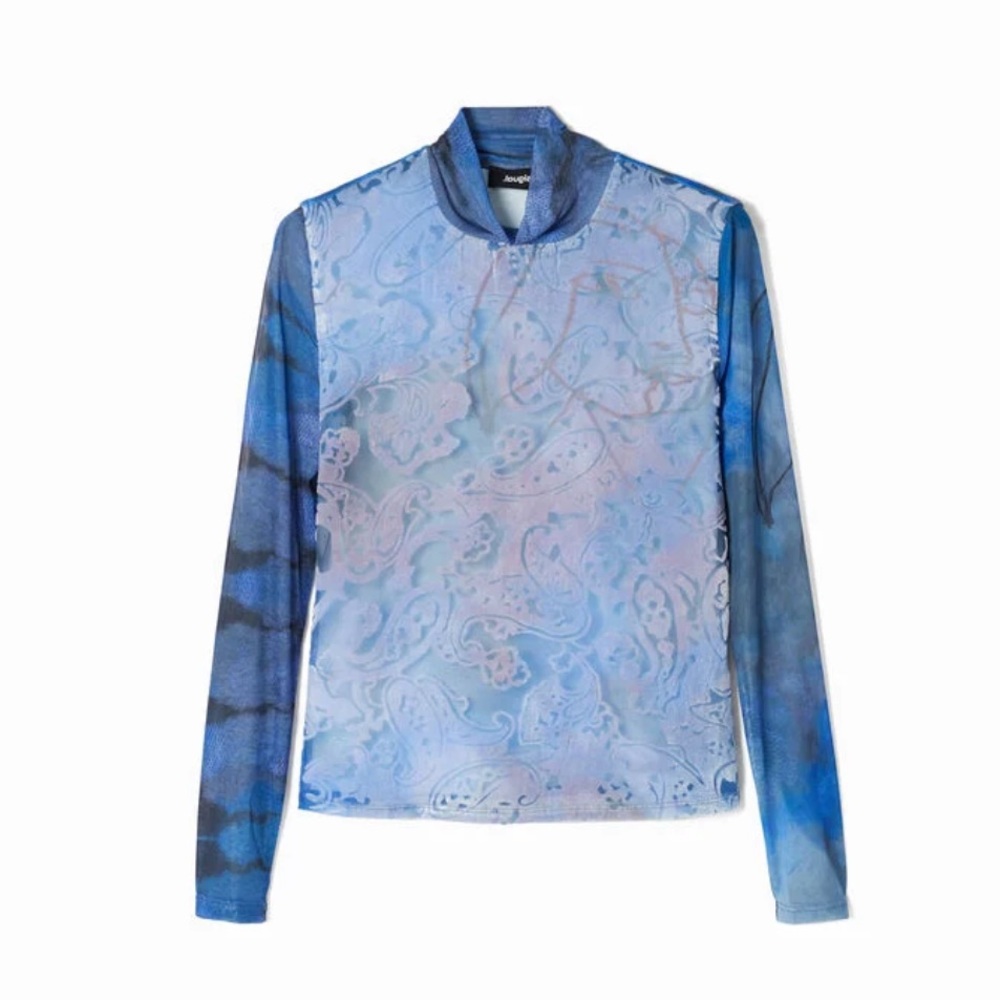 🩷 Desigual Blue Sheer mesh long sleeve top with velvet patterns